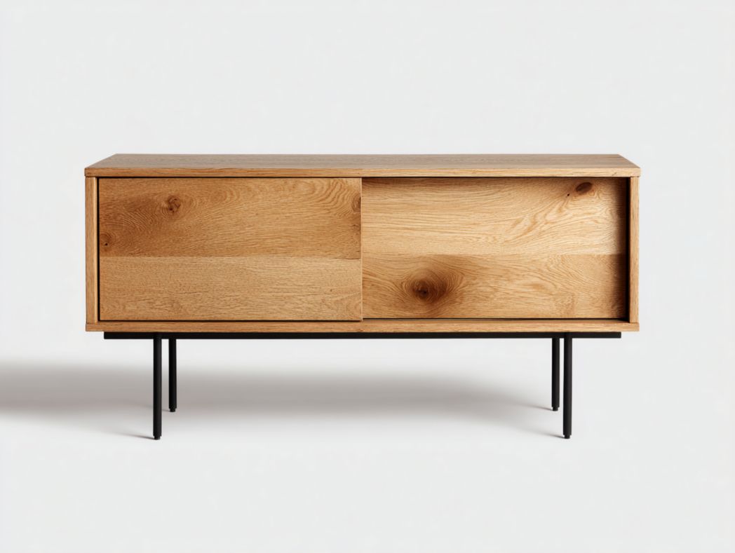 Meuble TV en bois naturel avec portes coulissantes et base en métal noir