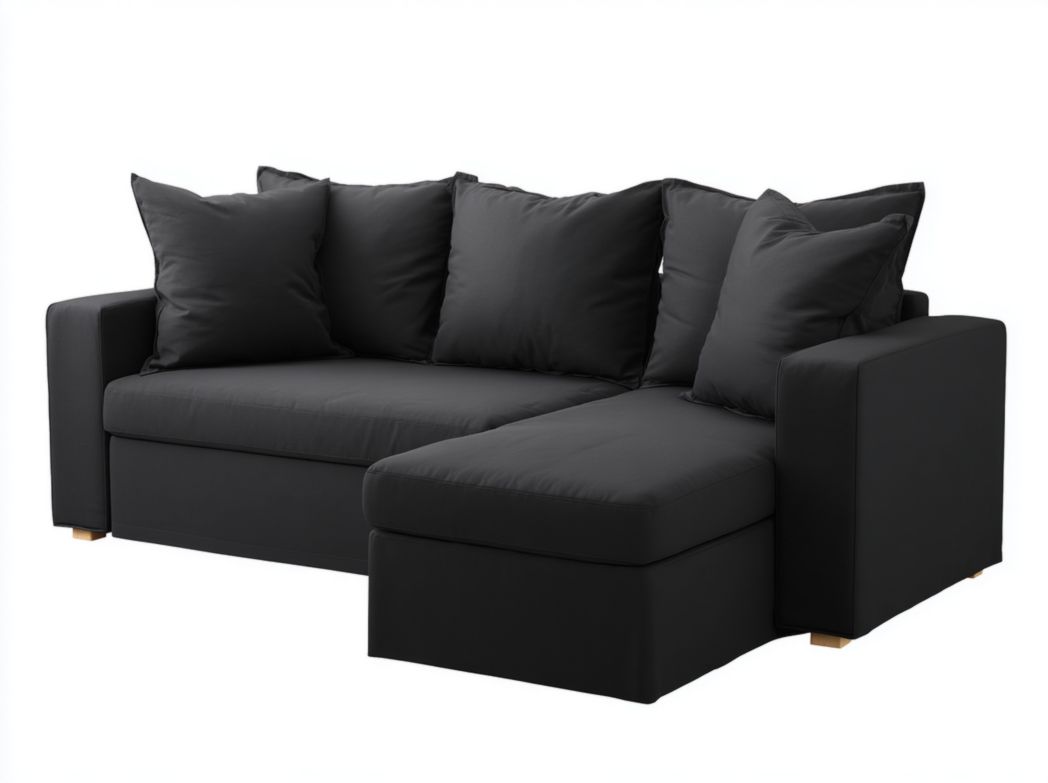 Canapé d'angle en tissu noir avec coussins