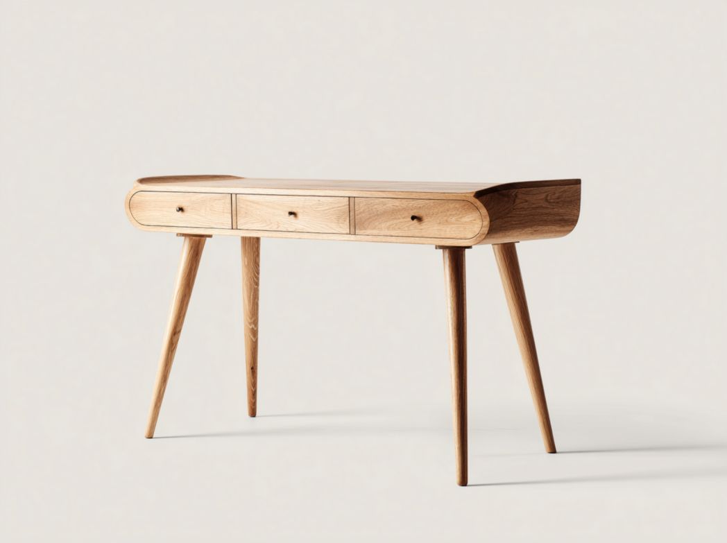 Bureau en bois naturel avec 3 tiroirs, bords arrondis et pieds inclinés