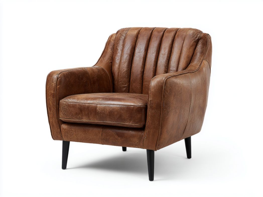 Fauteuil simple en similicuir marron avec dossier rembourré à lignes verticales et pieds en bois