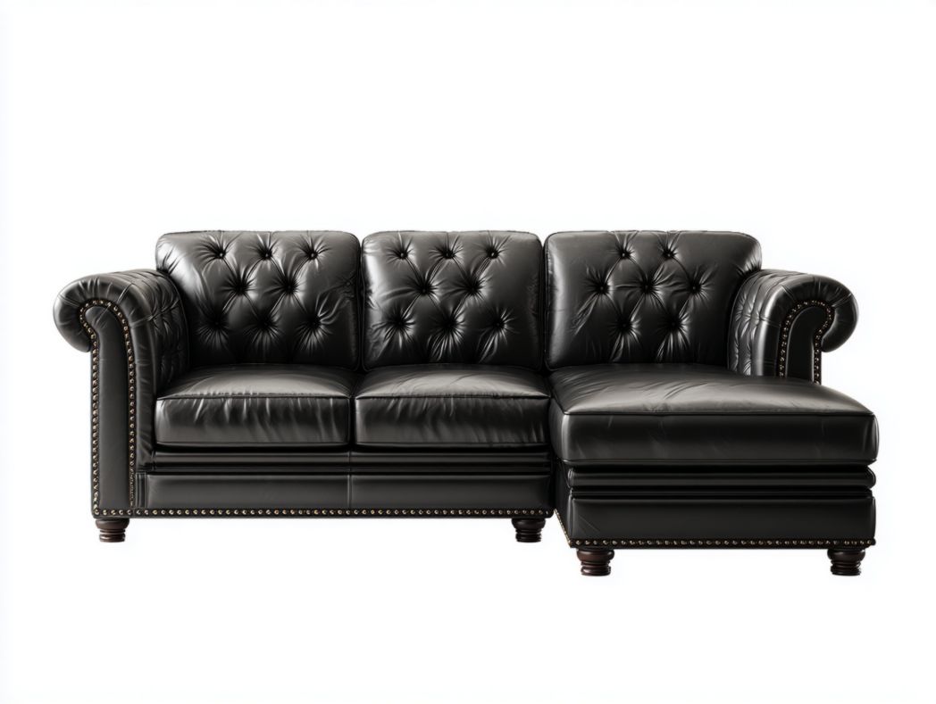 Canapé d'angle en similicuir noir avec capitonnage et détails cloutés