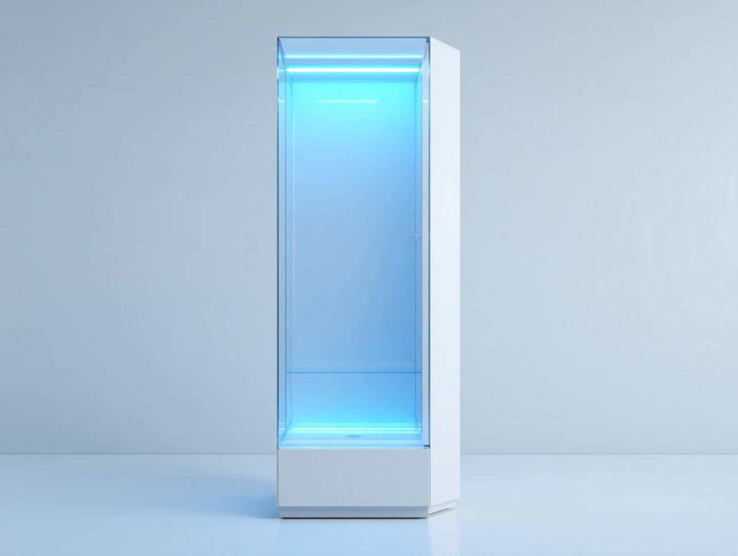 Vitrine blanche avec portes vitrées et éclairage LED bleu