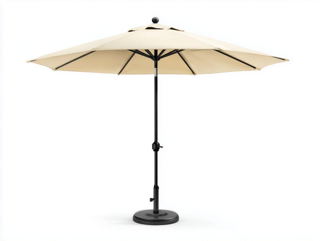 Parasol rond beige avec mât et base en métal noir inclus