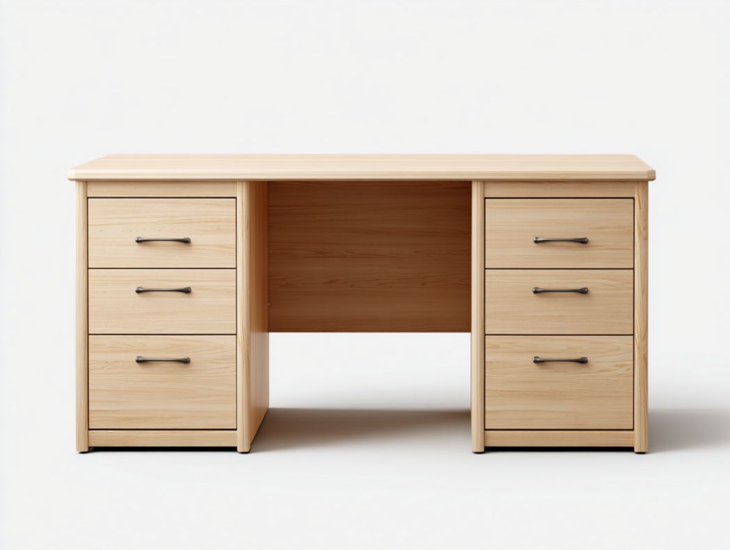 Bureau rectangulaire en bois de couleur naturelle avec 6 tiroirs et poignées en métal