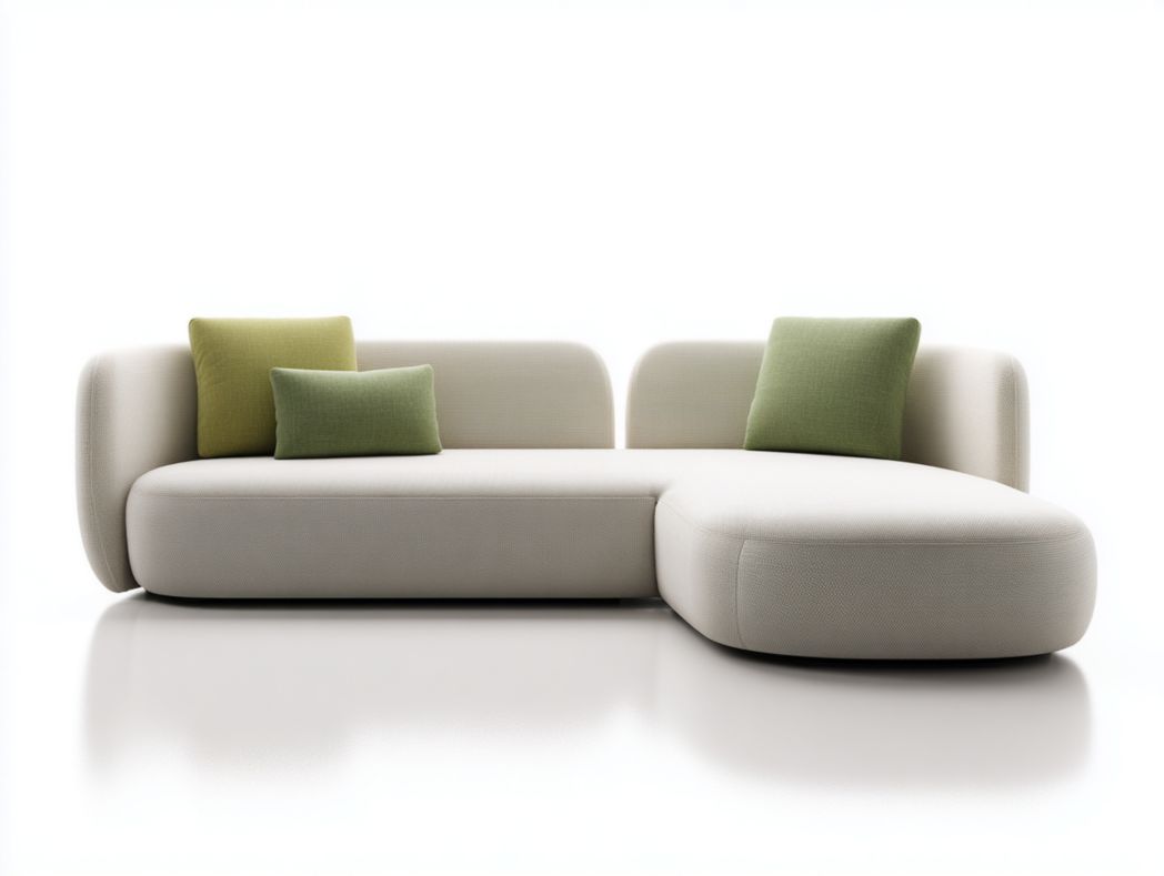 Canapé d'angle en tissu beige clair avec coussins verts