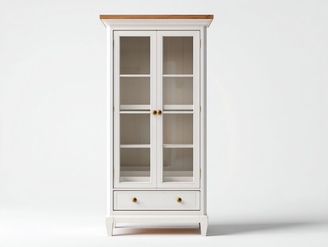 Vitrine en bois blanc avec portes vitrées, tiroir inférieur et poignées cuivrées