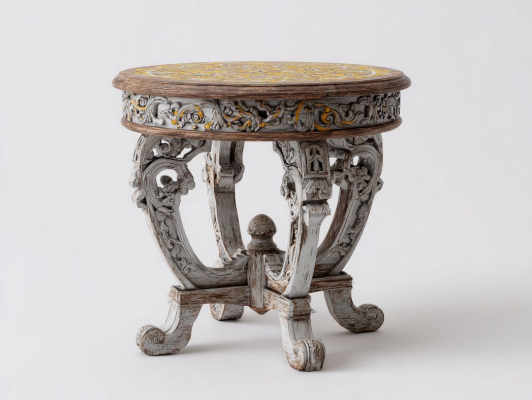 Table d’appoint ronde, en bois, piètement sculpté et plateau décoré en relief