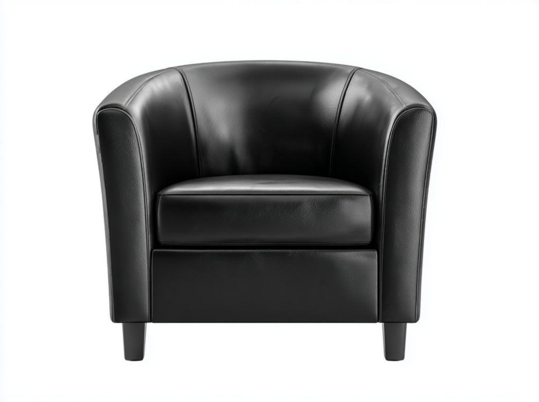 Fauteuil en similicuir noir avec dossier enveloppant de style tonneau et pieds en bois