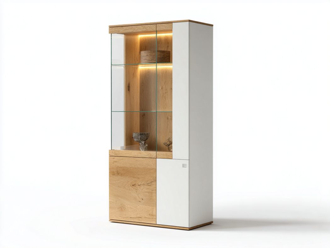 Vitrine en bois blanc et naturel avec portes vitrées, étagères et éclairage LED
