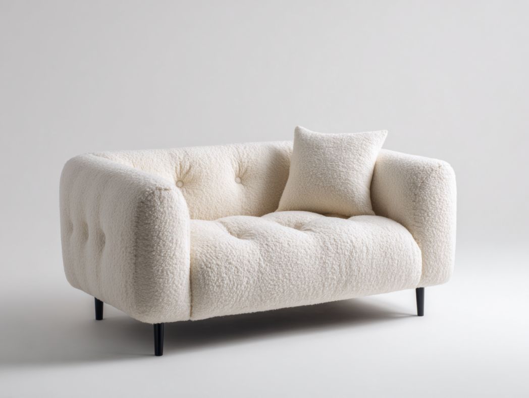 Canapé-lit en peau de mouton beige avec coussin inclus et pieds noirs