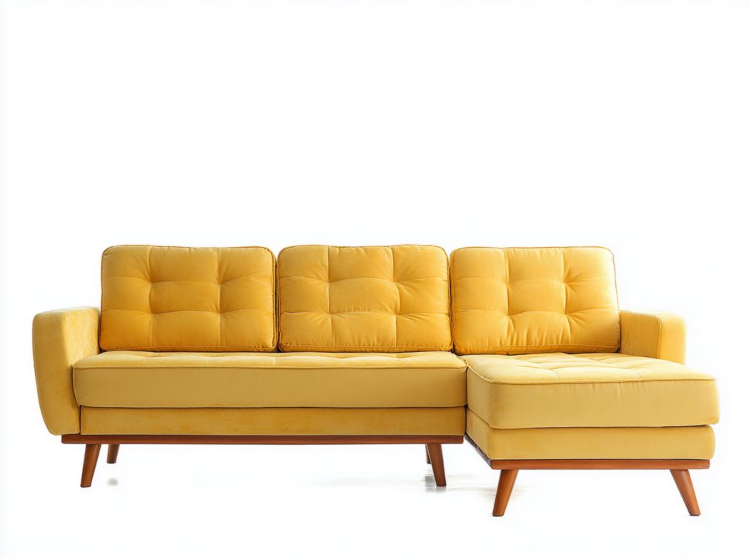 Canapé d'angle tapissé de tissu jaune avec pieds en bois et design matelassé