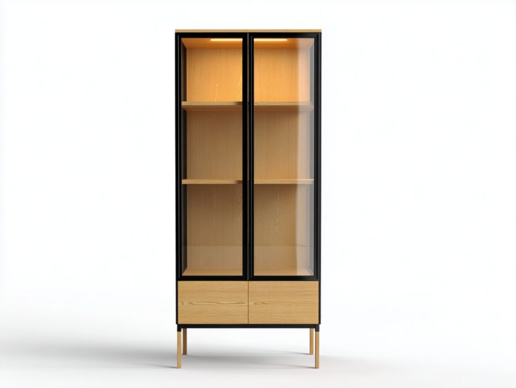 Vitrine avec cadre noir, portes vitrées et tiroirs inférieurs en bois naturel