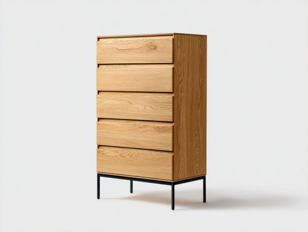 Commode haute à 5 tiroirs en bois naturel avec base en métal noir