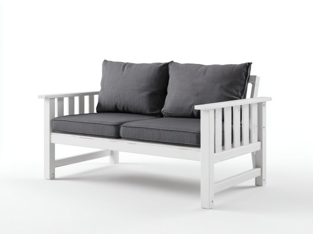 Chaise de jardin double en bois blanc avec coussins gris foncé