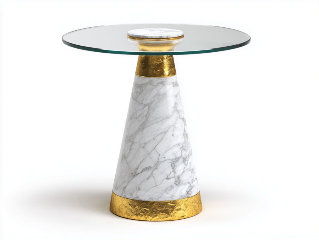 Table d’appoint ronde, plateau en verre, base conique en marbre avec détails dorés