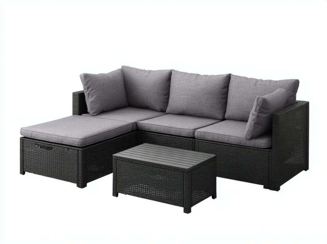 Ensemble de canapé de jardin en rotin noir avec coussins et dossiers gris et table d'appoint