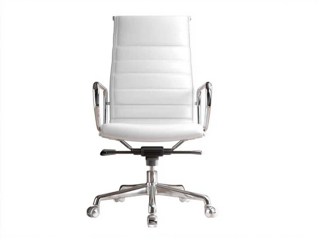 Chaise de bureau blanche avec dossier haut, revêtement en similicuir et base en métal chromé