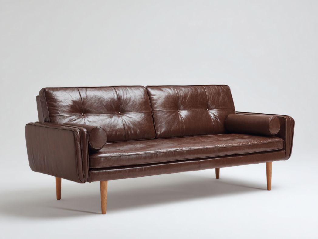 Canapé-lit trois places en cuir marron avec coussins traversins, dossier capitonné et pieds en bois