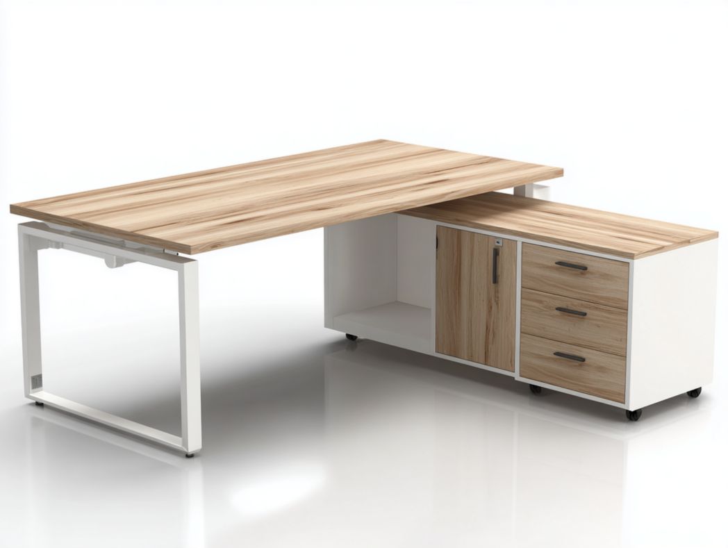 Bureau en L avec plateau en bois clair, cadre blanc et bloc tiroirs