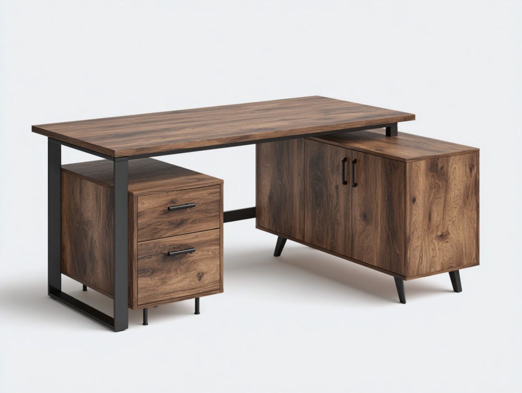 Bureau rectangulaire en noyer avec structure en métal noir, 2 tiroirs et armoire 2 portes