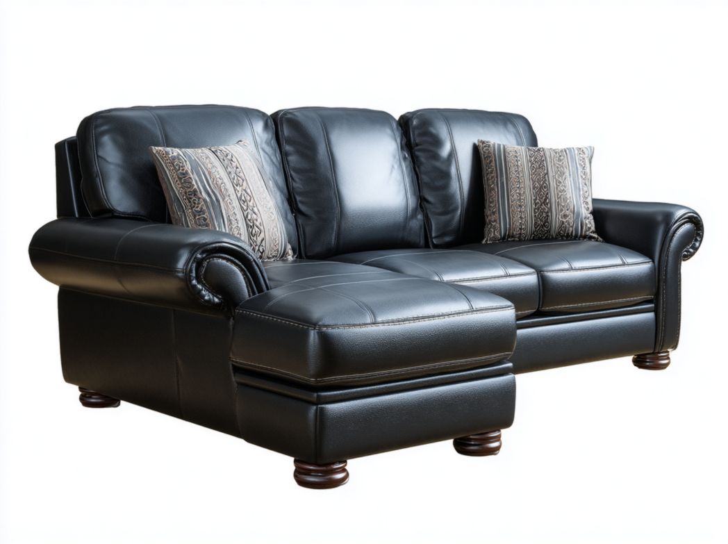 Canapé d'angle en cuir noir avec coussins décoratifs et pieds en bois