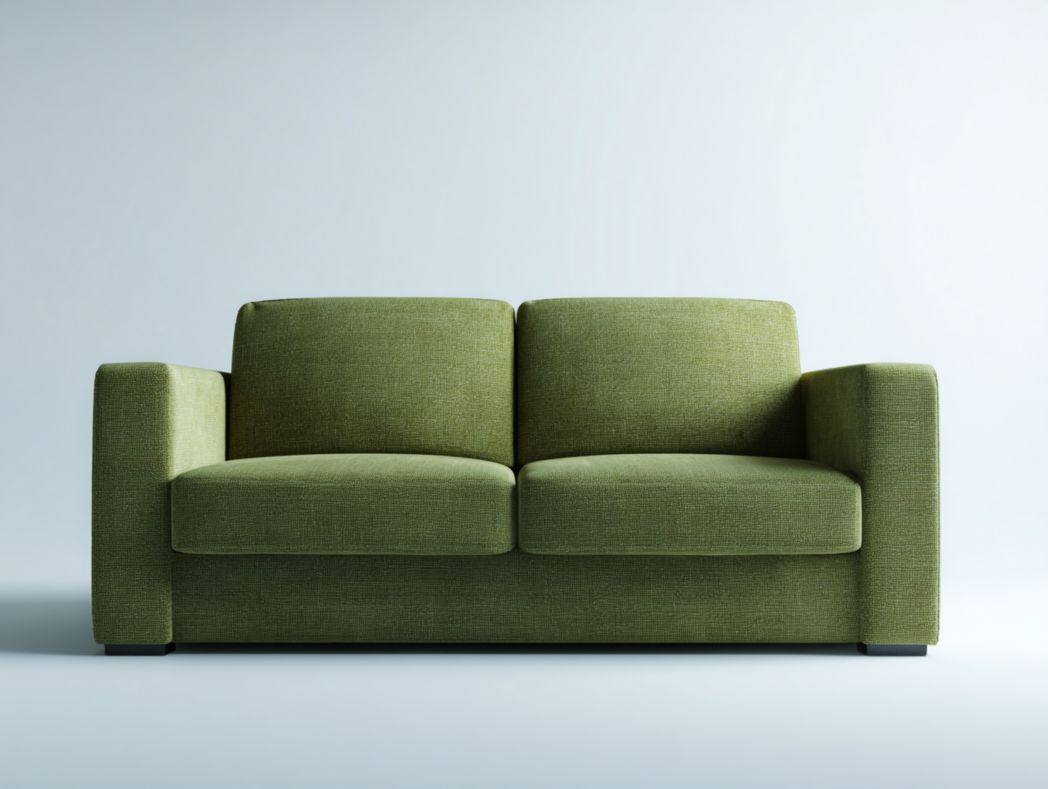 Le canapé-lit est recouvert de tissu vert et présente un design rectiligne