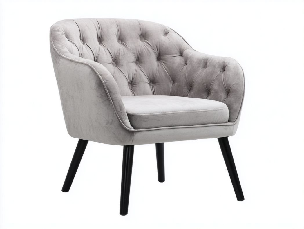 Fauteuil en velours gris avec dossier capitonné et pieds en bois noir