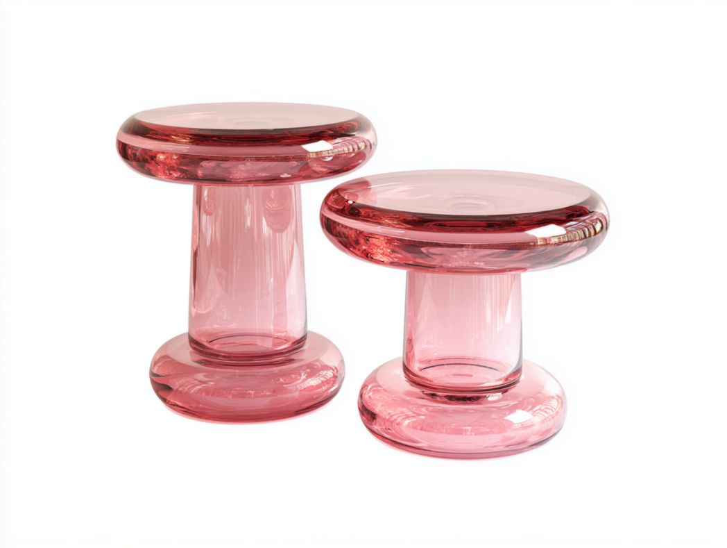 Lot de deux tables d’appoint, en verre rose transparent, plateau rond et base épaisse