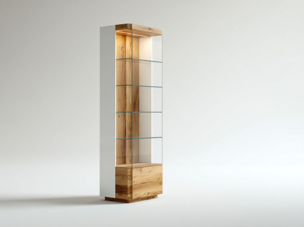 Vitrine haute et étroite avec cadre blanc, base en bois naturel et étagères en verre