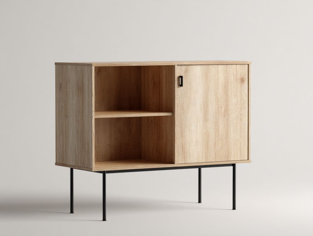 Meuble TV en bois naturel avec porte latérale et étagères ouvertes sur une base en métal noir