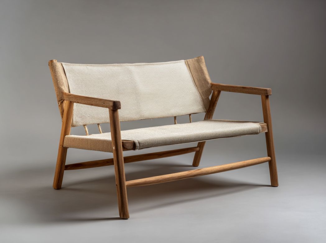 Chaise de jardin double en bois avec assise et dossier en tissu beige