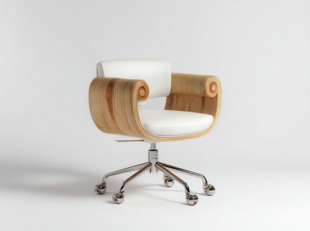 Chaise de bureau avec accoudoirs en bois courbé et revêtement en similicuir blanc