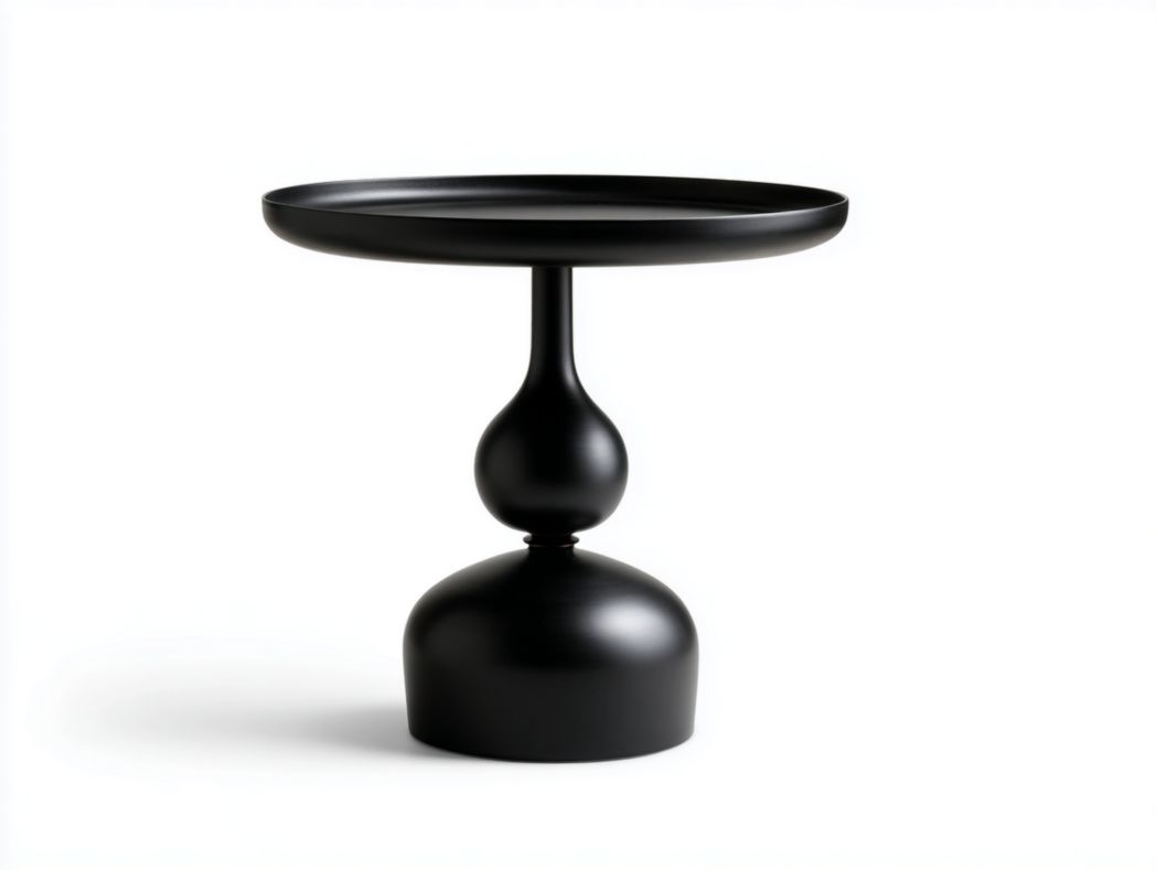 Table d’appoint ronde, en métal noir, plateau type plateau et base galbée