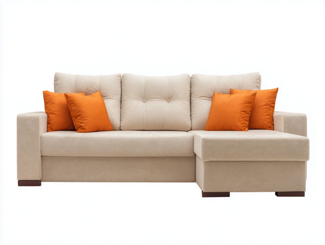 Canapé d'angle en tissu beige avec coussins orange