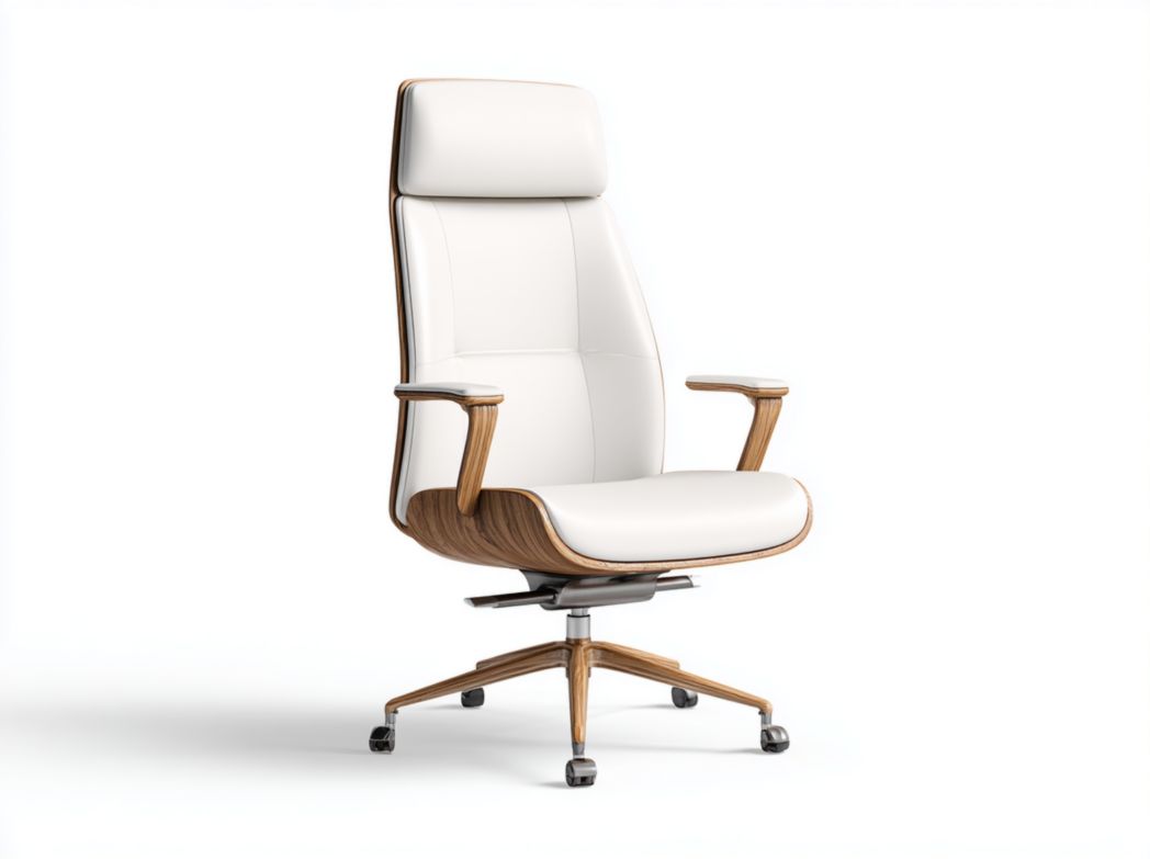 Chaise de bureau haute en cuir blanc avec détails en bois et base pivotante à roulettes