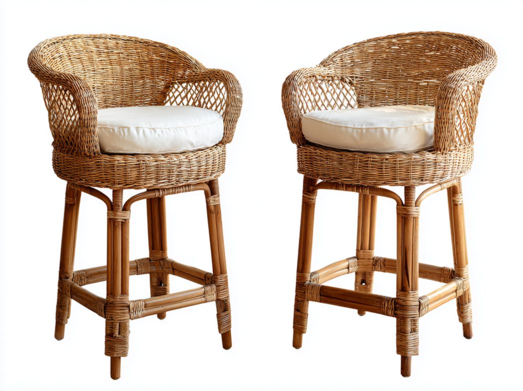 Ensemble de 2 chaises hautes en rotin naturel avec coussin beige