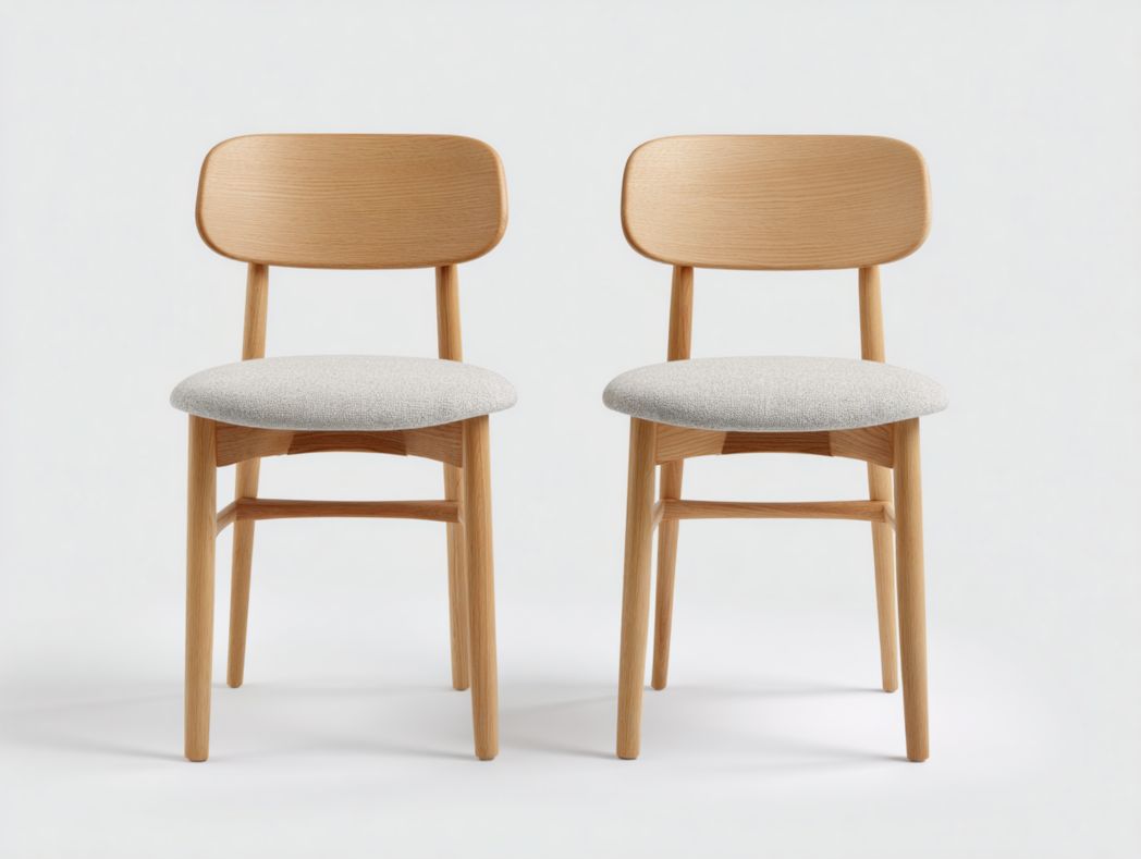 Deux chaises de salle à manger en bois clair avec dossier droit et assises rembourrées beiges