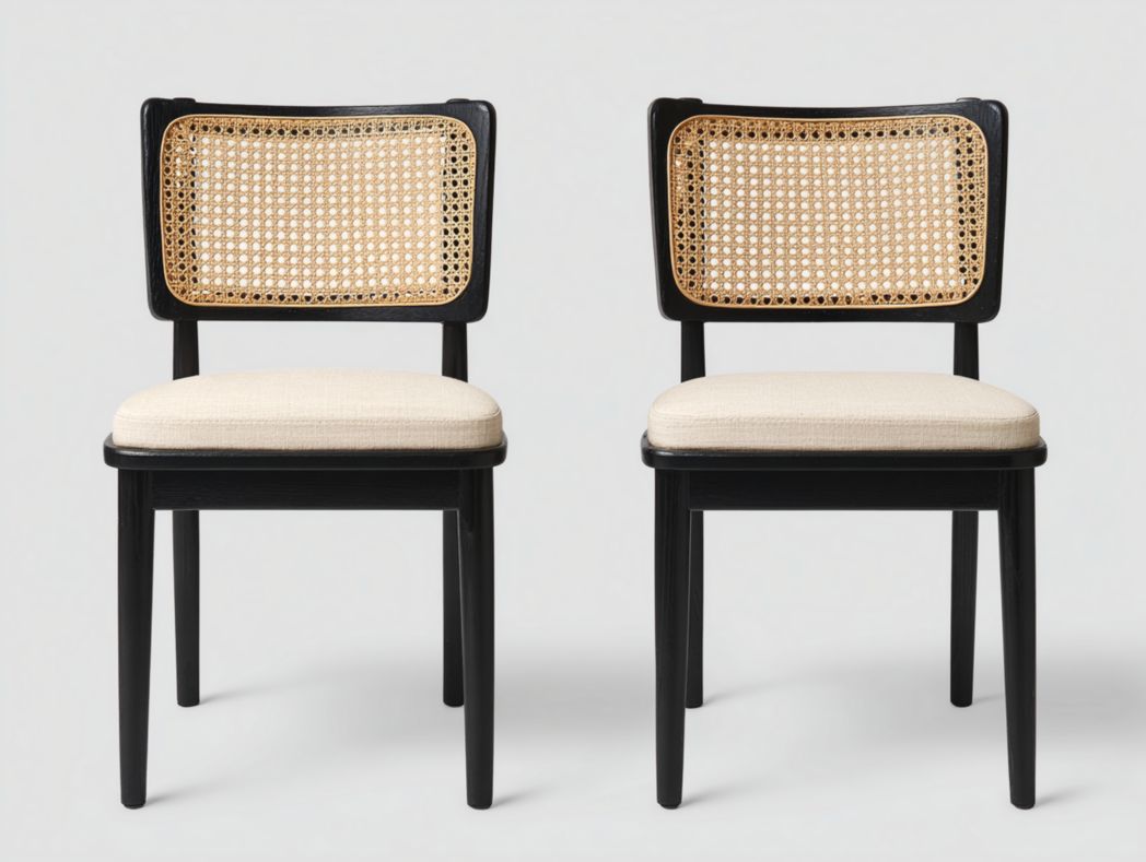 Ensemble de 2 chaises de salle à manger en bois noir avec dossier en rotin et assise rembourrée beige