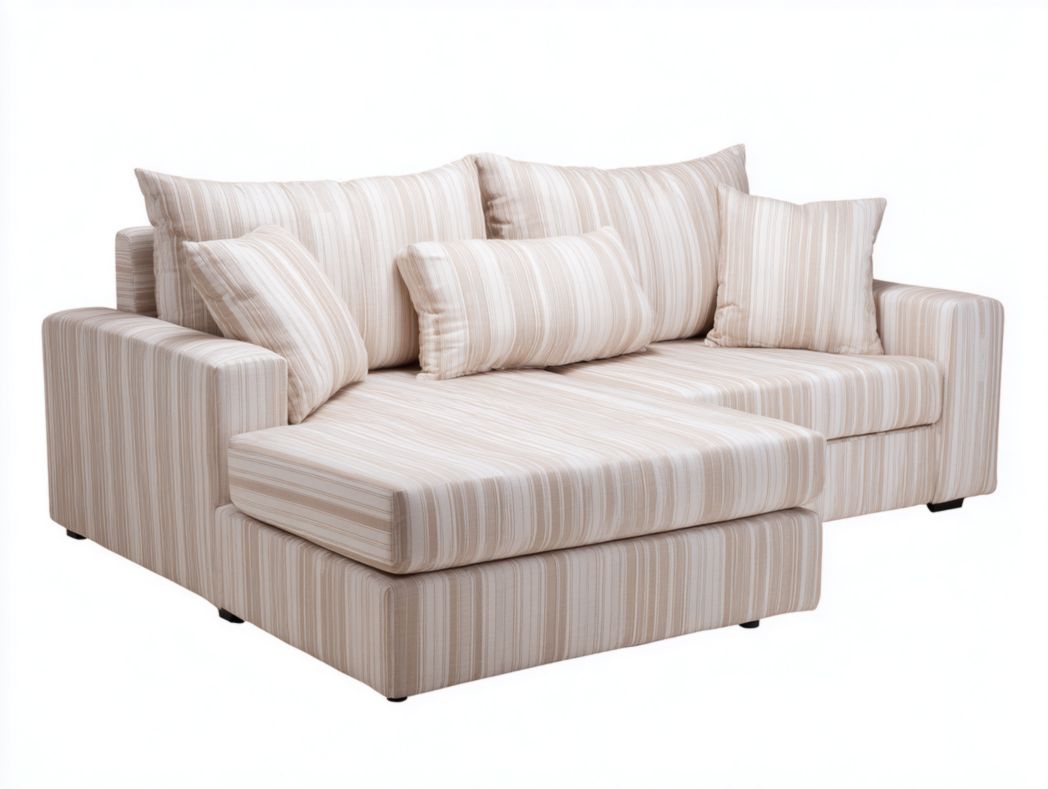 Canapé d'angle en tissu rayé beige avec coussins roses