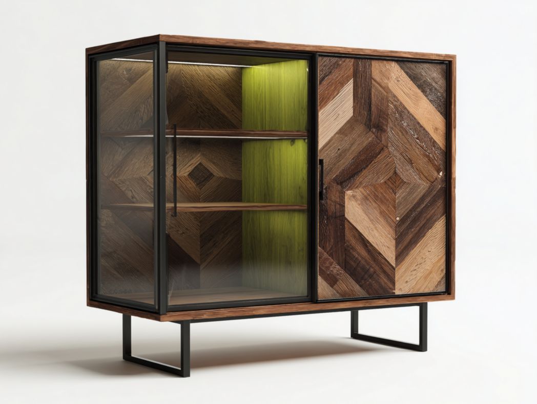 Vitrine avec cadre en métal noir et portes en verre et bois au design géométrique