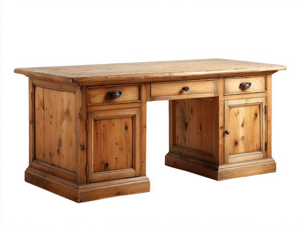 Bureau rectangulaire en bois naturel avec 3 tiroirs et 2 armoires à une porte