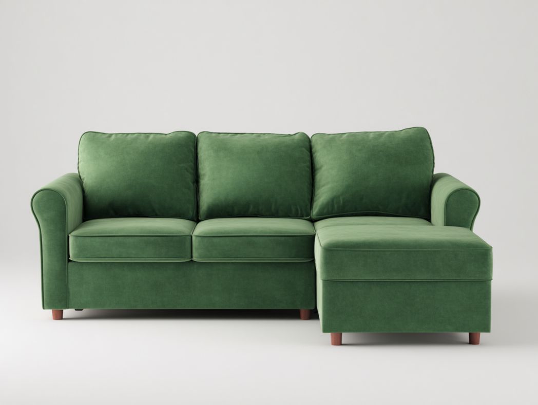 Canapé d'angle en tissu vert avec coussins et structure en bois