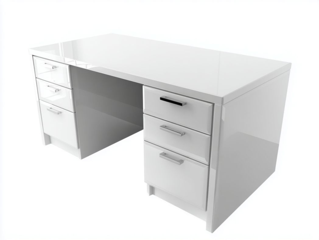 Bureau rectangulaire blanc en acier et bois avec six tiroirs