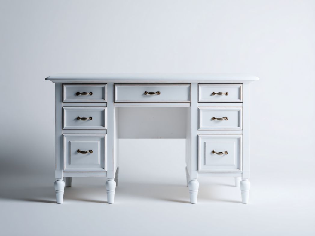 Bureau rectangulaire blanc avec 7 tiroirs, poignées dorées et pieds tournés