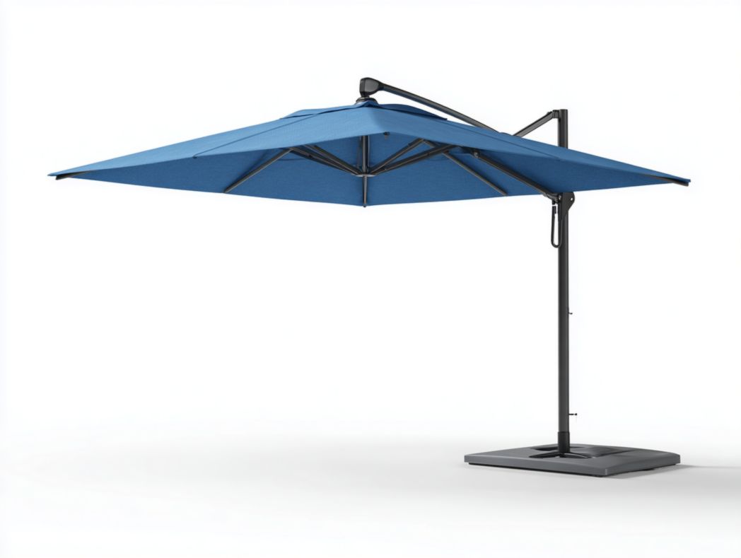 Parasol déporté carré, toile polyester bleu foncé, armature en acier noir thermolaqué, base carrée