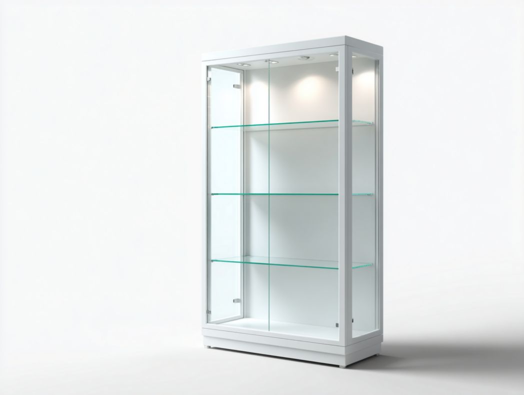 Vitrine blanche avec cadre en métal et étagères en verre avec éclairage