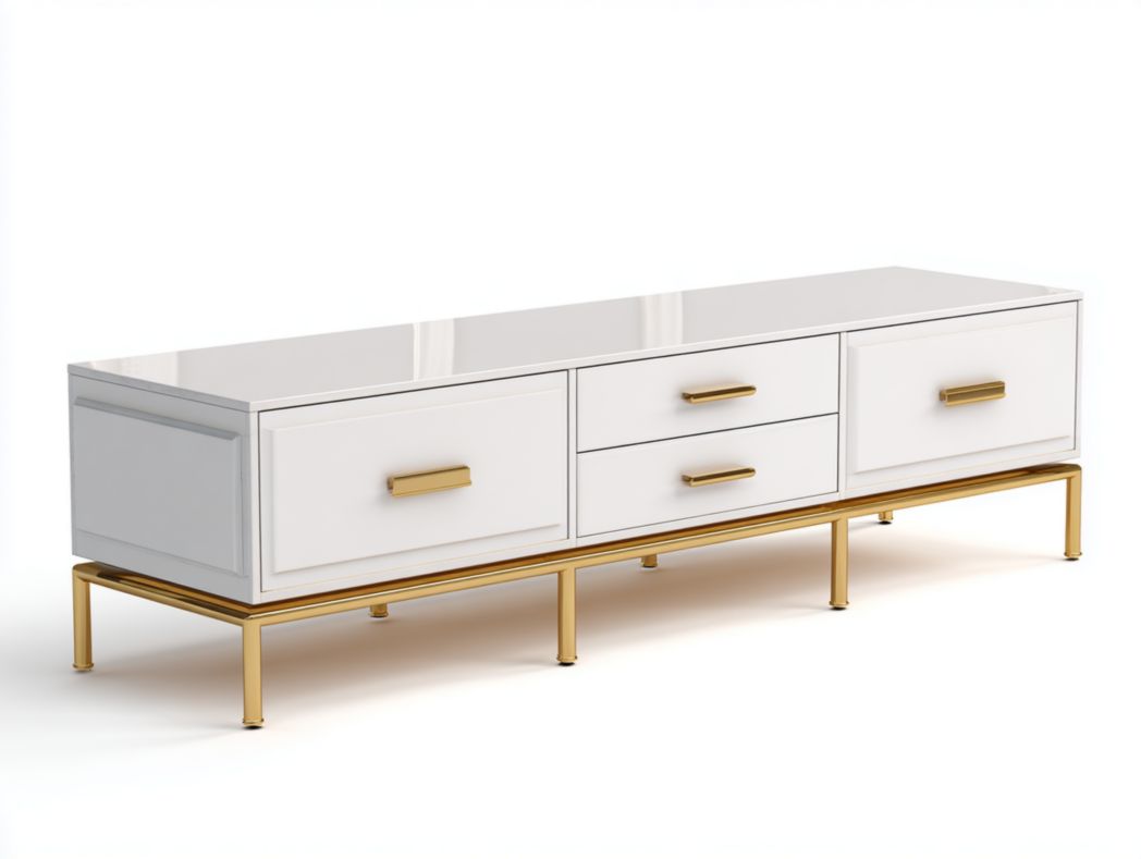 Meuble TV blanc brillant avec 4 tiroirs et base dorée