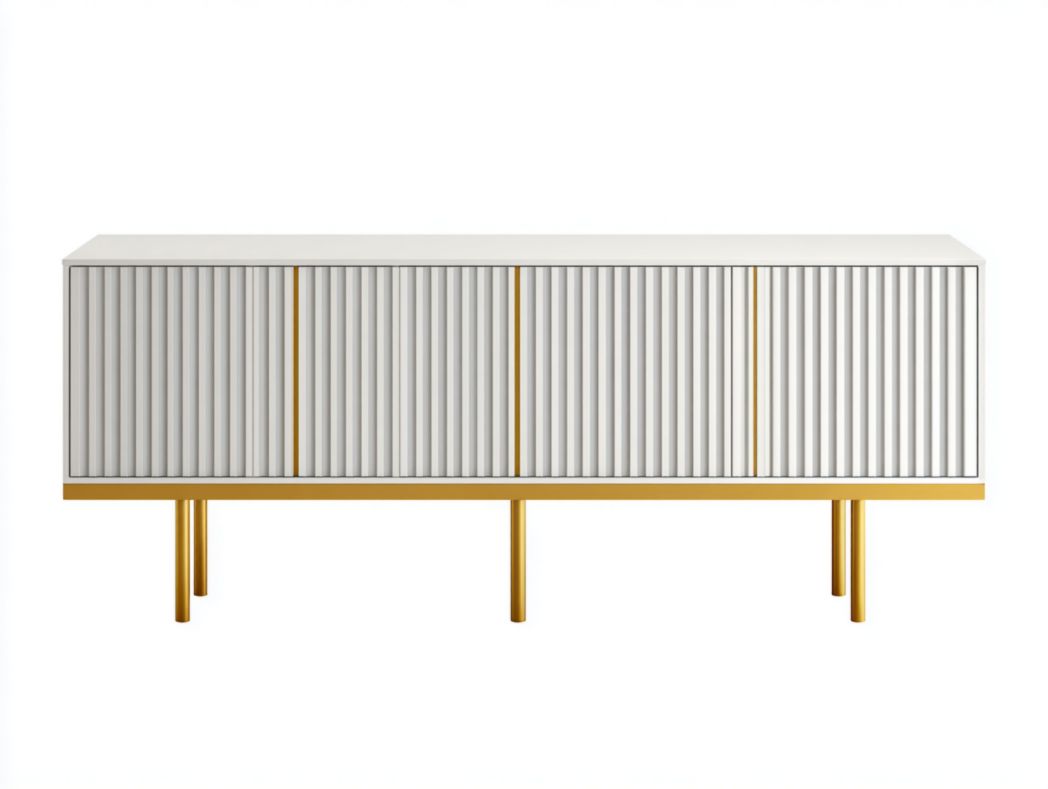 Meuble TV blanc avec portes rainurées et base dorée