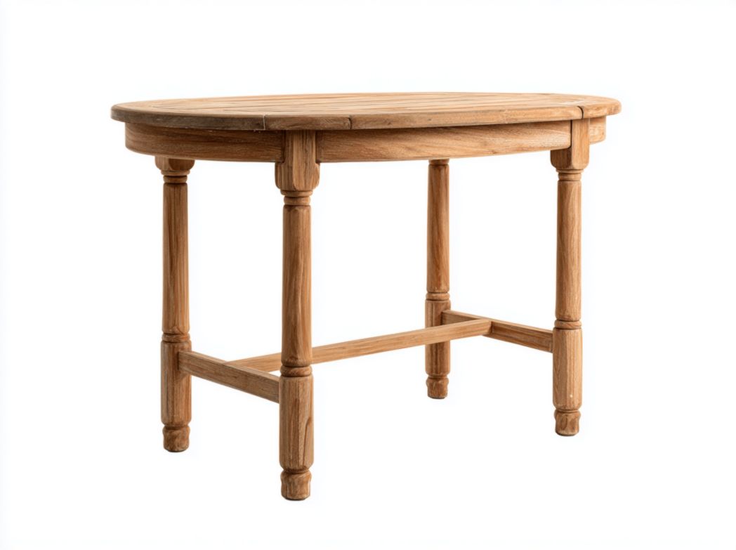 Table ronde en bois de couleur naturelle avec pieds et traverses