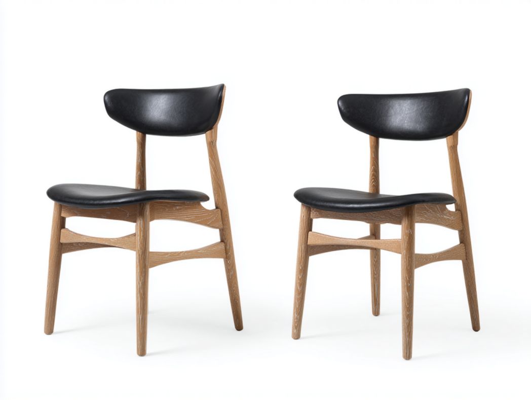 Deux chaises de salle à manger en bois avec dossiers et assises noirs